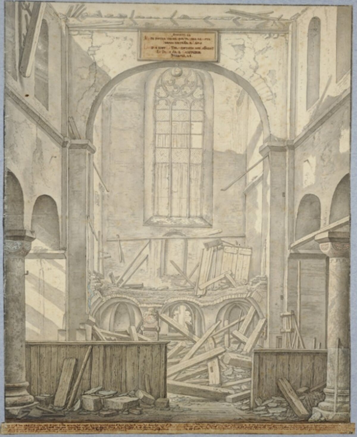 Het ingestorte schip van de Pieterskerk na de grote donderstorm in 1674. De kogel hangt voor het venster. Tekening van Saftleven, Het Utrechts Archief