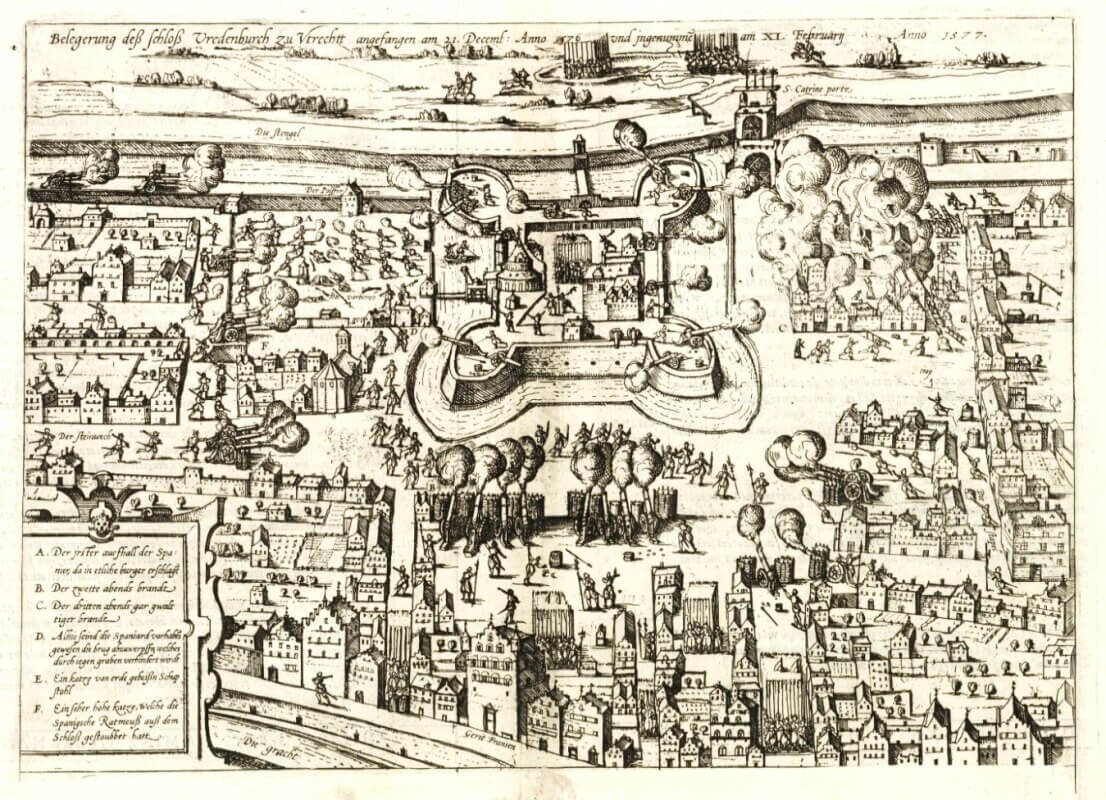 De belegering van Vredenburg tussen 21 december 1576 en 11 februari 1577. Anonieme prent (ets), eind 17e eeuw, afkomstig uit: M. Aitsinger, Leo Belgicus.