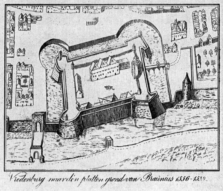 Pentekening uit 19e eeuw met titel 'Vredenburg naar den platten grond van Braunius 1556-1559'. Foto: HUA