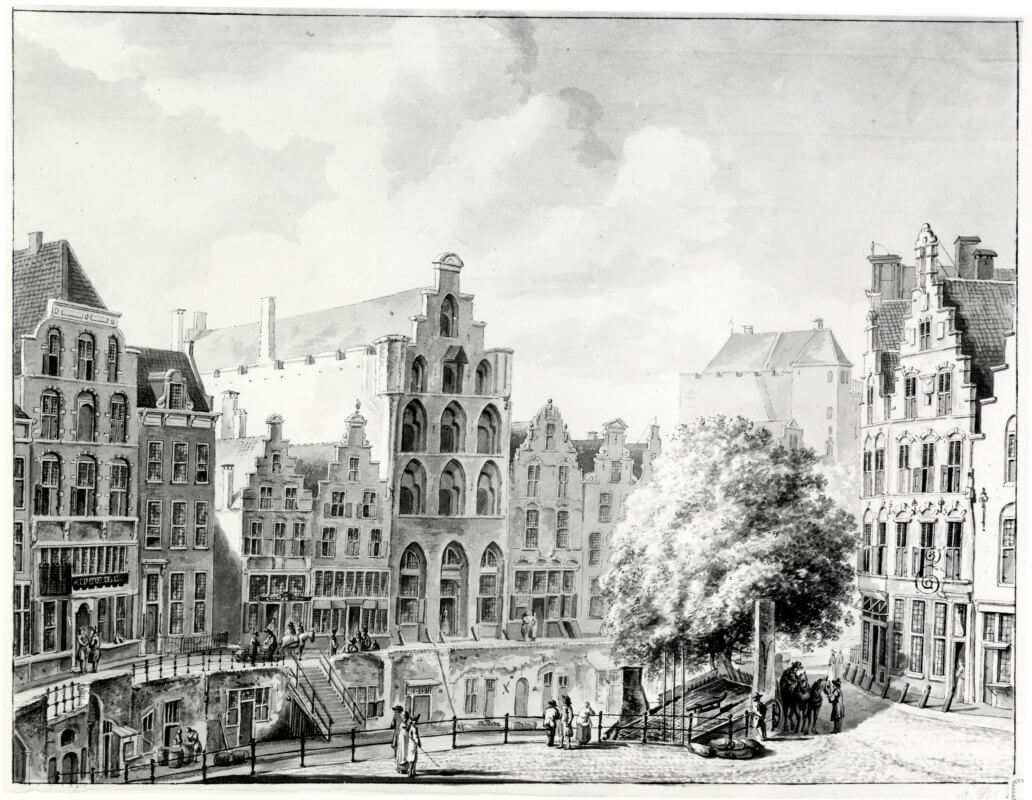 De huizen Groot- en Klein Blankenberg aan de Oudegracht bij de Bakkersbrug in de 18e eeuw. Foto: HUA