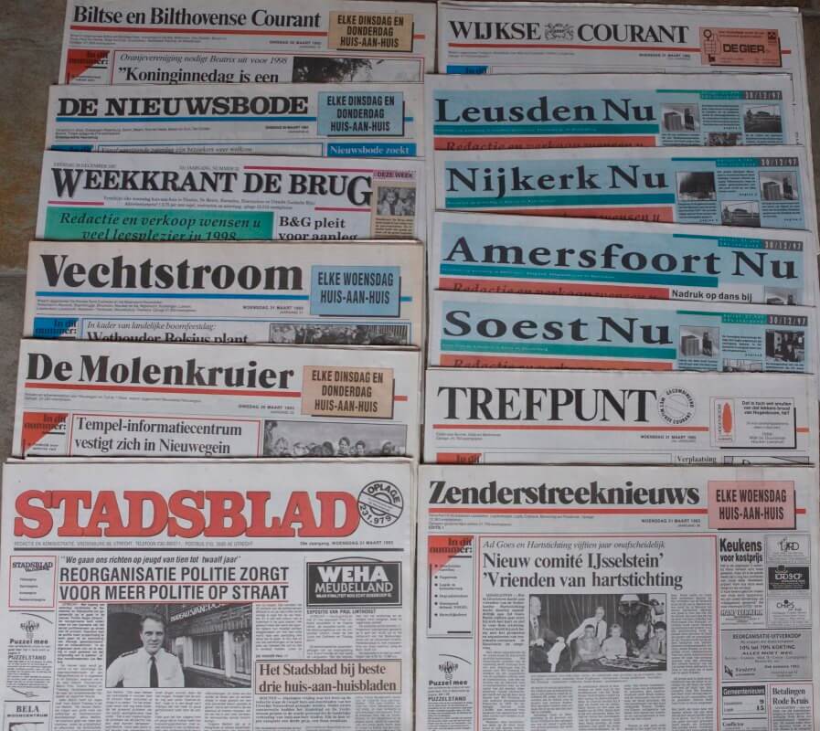 Utrechtse huis-aan-huisbladen in de jaren negentig vorige eeuw. Foto: Ton van den Berg