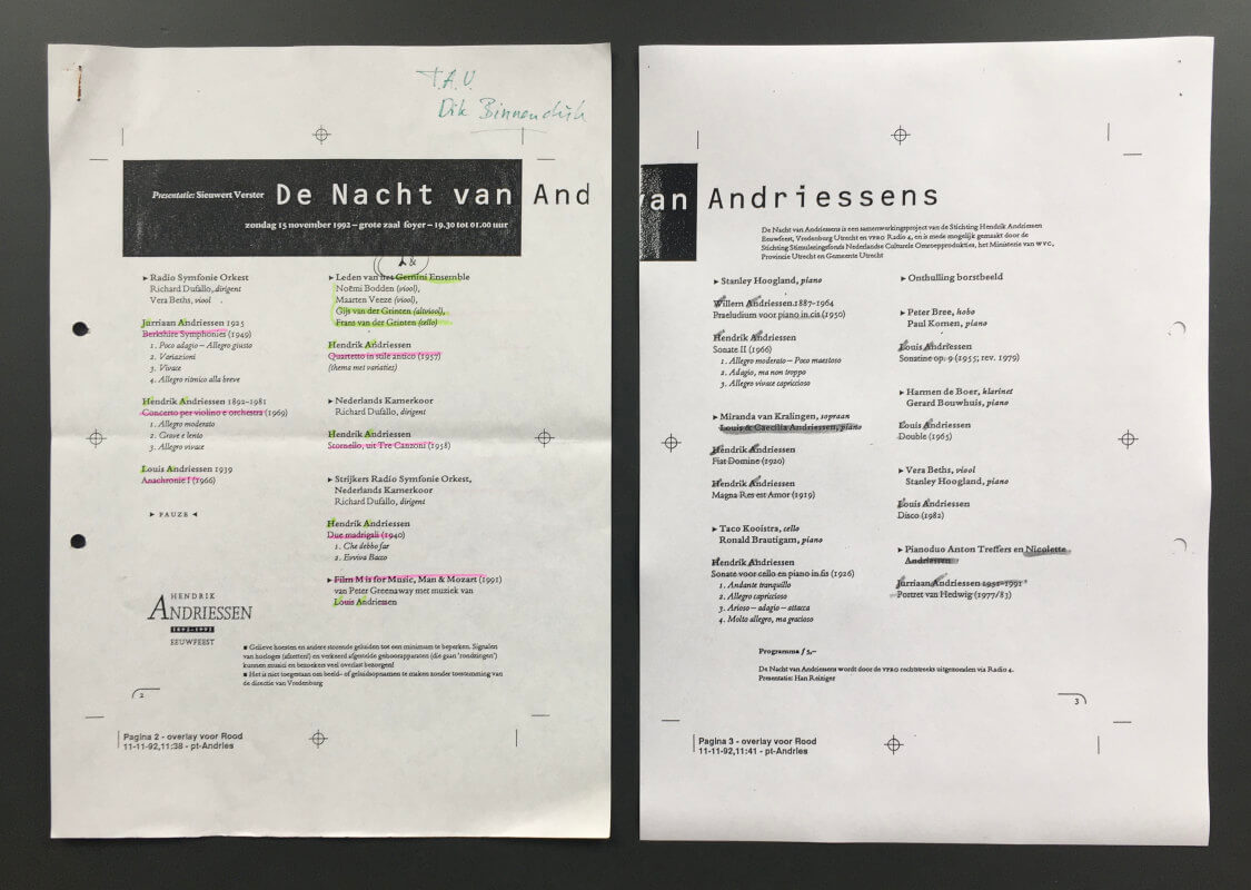 Programma ‘De Nacht van Andriessens’, Muziekcentrum Vredenburg van 15 november 1992