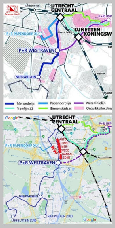 Boven: de kaart op de website van de gemeente, zie https://www.utrecht.nl/nieuws/nieuwsbericht-gemeente-utrecht/merwedemetro-begin-van-versnelling-woningbouw-metropoolregio-utrecht/ . Onder: hetzelfde gebied op Google Maps met de autoluwe woonwijk en de tram- en metrolijnen er in getekend.
