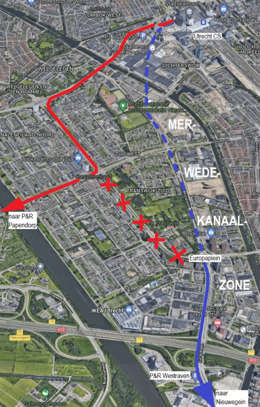 Een deel van de tramlijn vervalt in zuidelijk Kanaleneiland. Illustratie: W. Spier