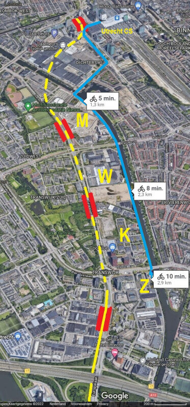 De fietsafstanden naar CS vanuit de Merwede Kanaal Zone.