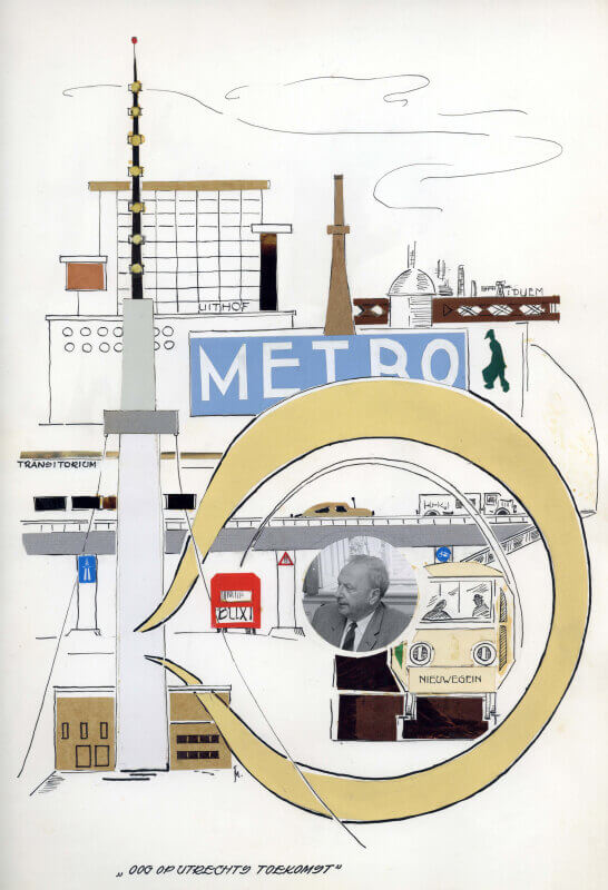 Oog op Utrechts Toekomst - collage voor gedeputeerde A.C. Verhoef in 1970 met toekomstbeeld van een tram/metro tussen Utrecht en Nieuwegein en IJsselstein. Foto: Het Utrechts Archief