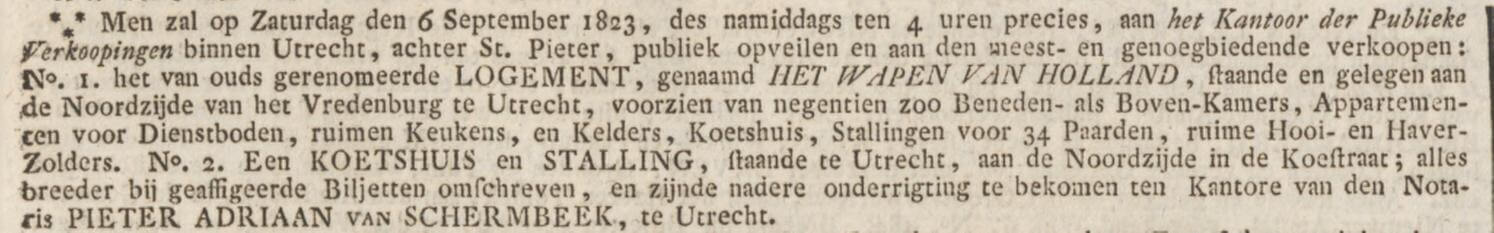 De verkoopadvertentie voor “Het Wapen van Holland” per september 1823.