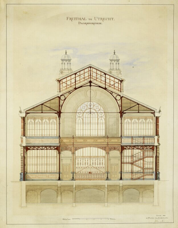 Ontwerptekening van de heer F.J. Nieuwenhuis voor de nieuwe Fruithal. De eronder getekende kelders waren voor een groot deel nog gefatsoeneerde overblijfselen van het kasteel Vredenburg. (HUA216854)