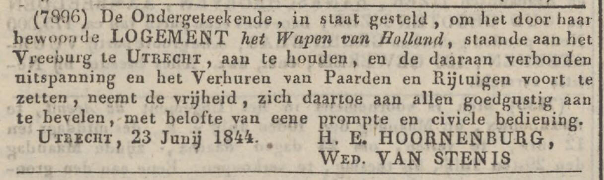 De advertentie waarmee de weduwe Van Stenis te kennen geeft dat zij de zaak van haar man zal voortzetten.