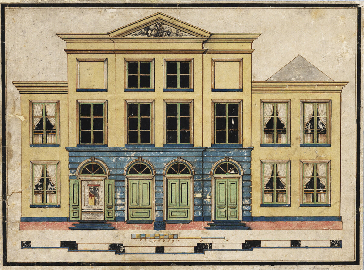 Tekening van de voorzijde van de schouwburg van de heer Koppedrajer (betreft het ontwerp uit 1796). HUA214923