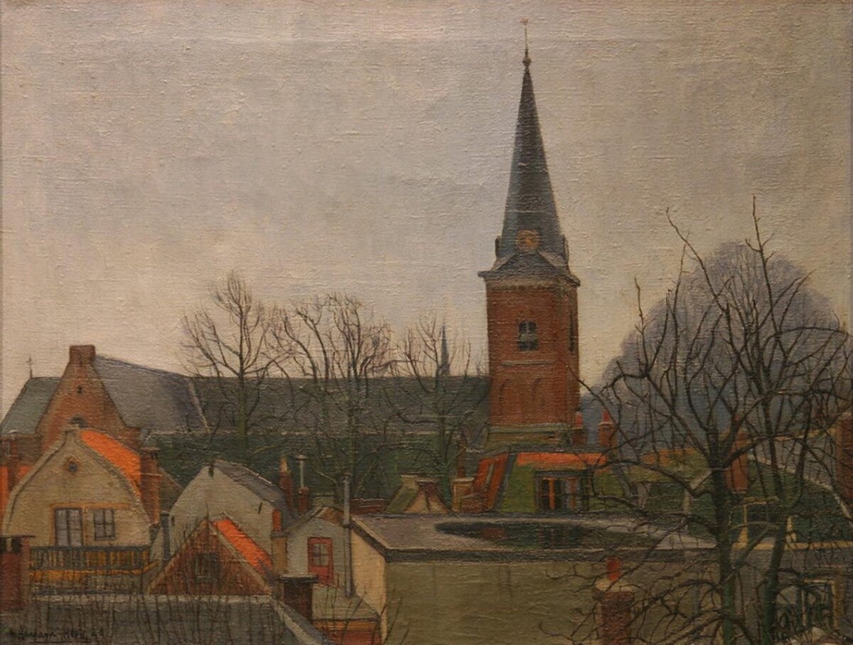 ‘Gezicht op de Geertekerk’ tekening van Elisabeth Adriani-Hovy gemaakt in 1926; zicht op noordgevel van de kerk vanuit het Bartholomeus gasthuis (Lange Smeestraat). Foto: HUA