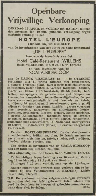 De advertentie van begin april 1935 in het U.N. was duidelijk bedoeld om zo profijtelijk mogelijk van de inboedel af te komen.