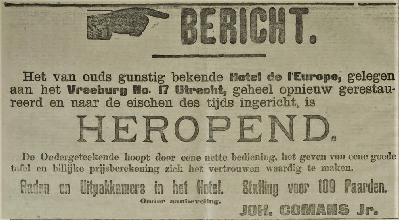 De advertentie van de heropening na de restauratie door de familie Comans in september 1899.