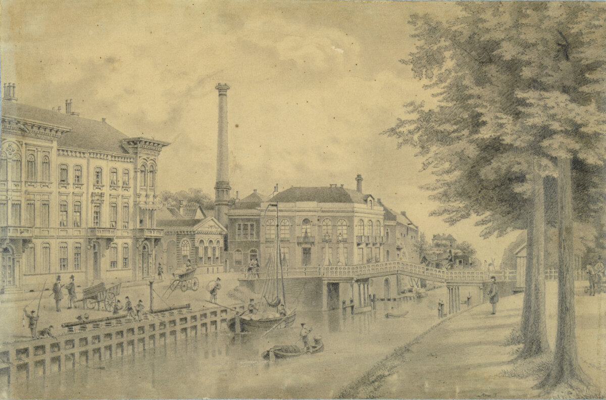 De Catharijnesingel met de Catharijnebrug, circa 1860. Tekening A.J. Terwen/HUA