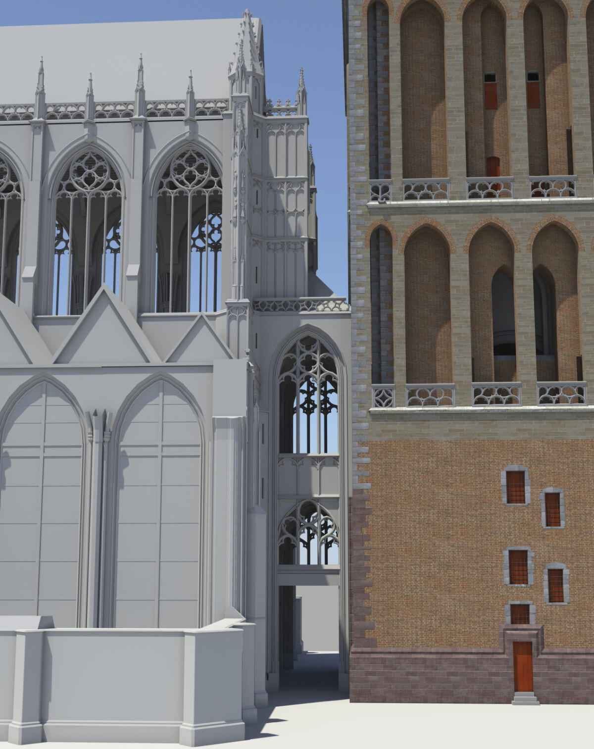 Reconstructie van het aanzicht uit het noorden van de brugkapel met onderdoorgang tussen kerk en toren. In de torenvoet de ingang van de trap naar de Michaelskapel. 3D-reconstructie Daan Claessen, Erfgoed, gemeente Utrecht.