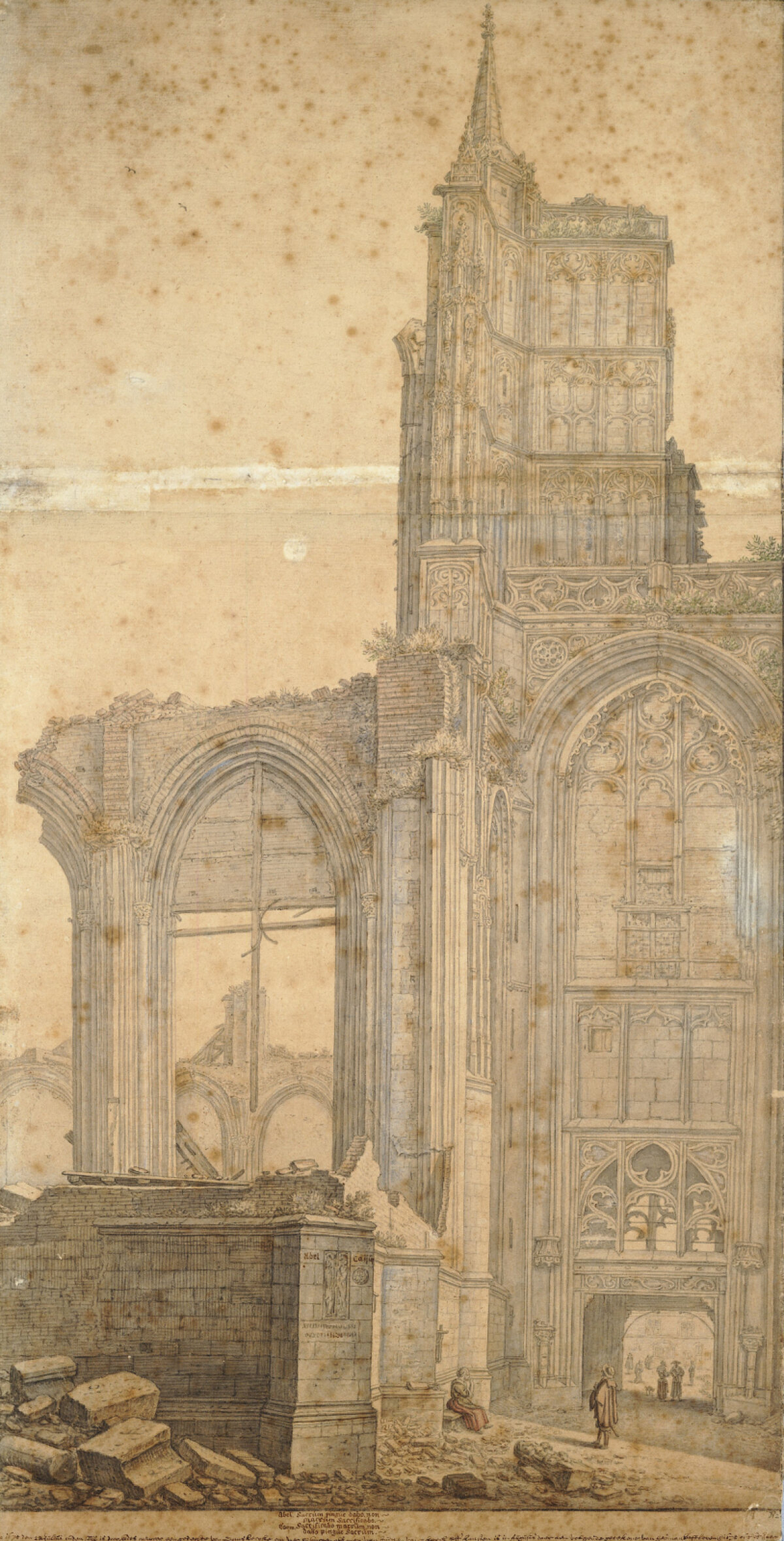 De bisschopsloge tussen de ruïne van het schip van de Domkerk en de Domtoren (rechts buiten beeld) met de onderdoorgang naar het Munsterkerkhof. Tekening: H. Saftleven augustus 1674. 