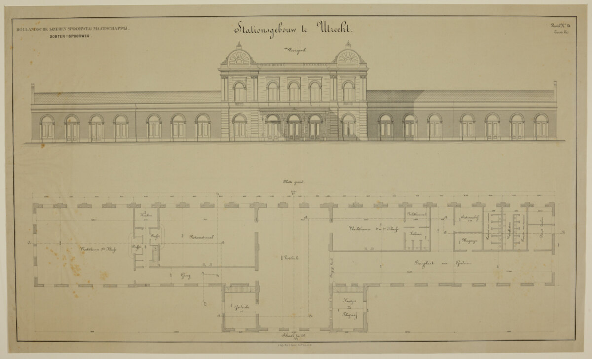 Bouwtekening van het Maliebaanstation (1873). Foto: Het Utrechts Archief