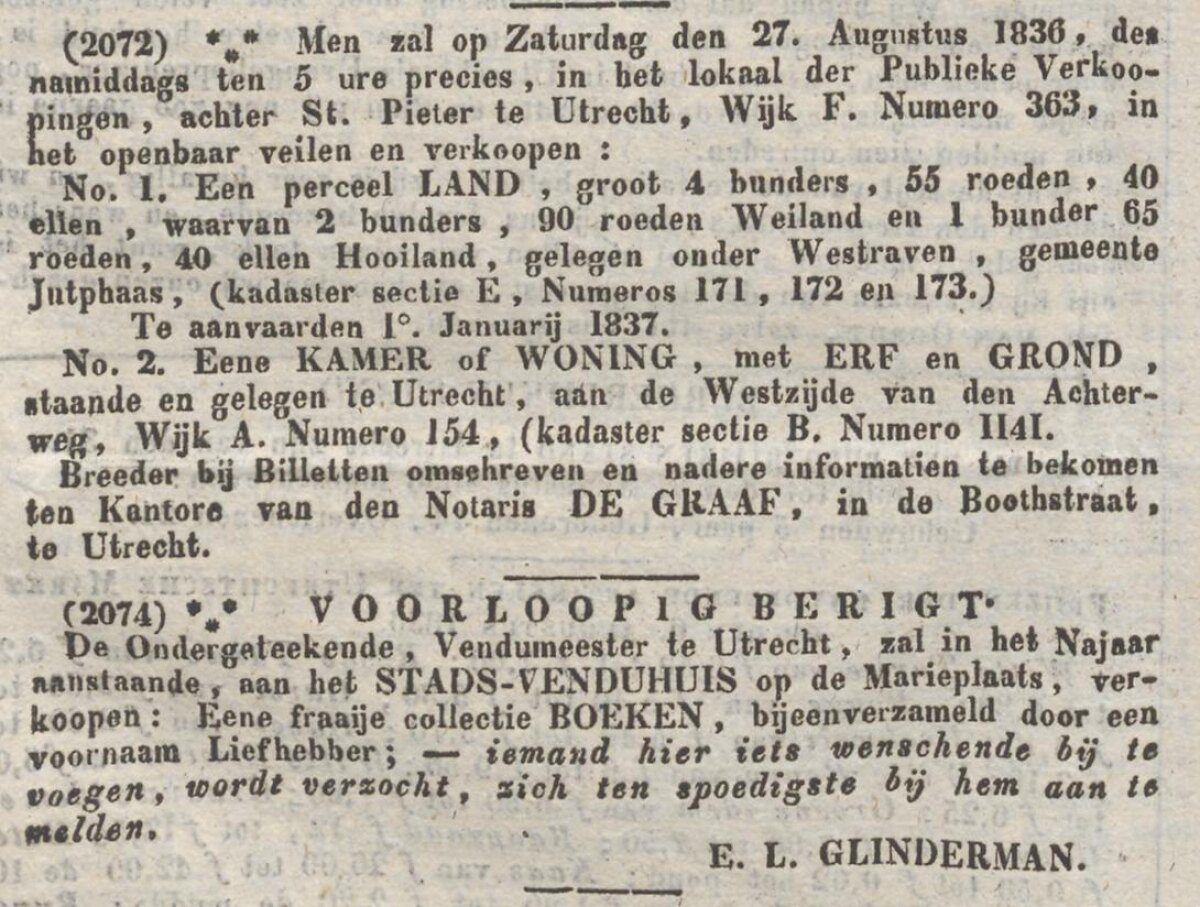 Twee advertenties uit de tijd dat er zowel een notarieel als een gemeentelijk Venduhuis bestond rond mei 1835