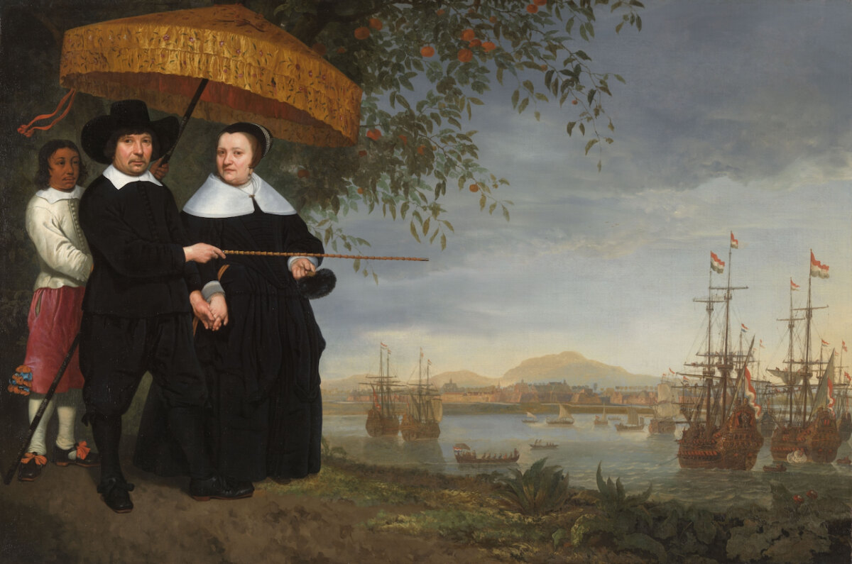 Opperkoopman van de VOC met zijn vrouw en een tot slaaf gemaakte. Schilderij van Aelbert Cuyp (Rijksmuseum)