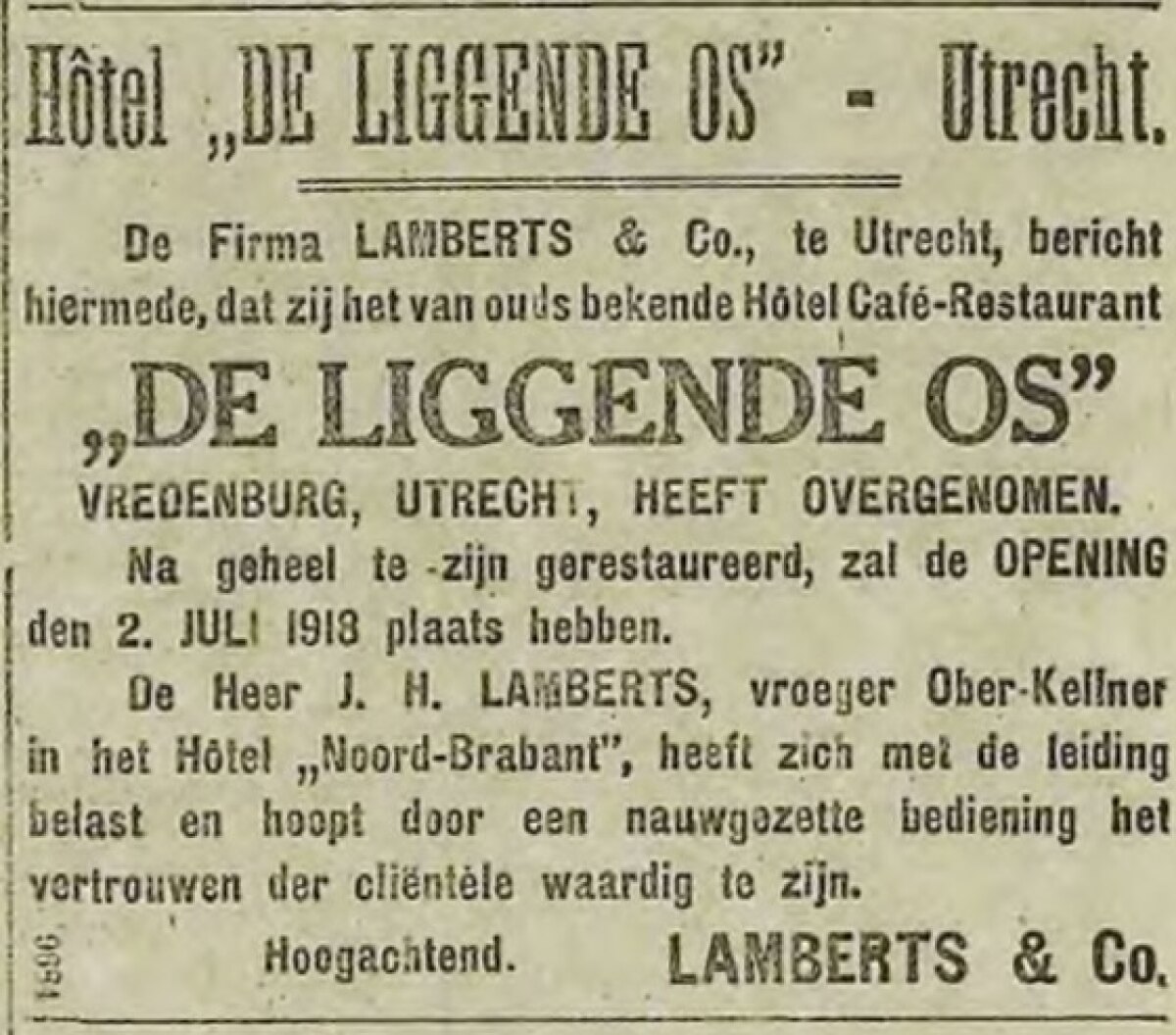 De advertentie met betrekking tot de overname en restauratie door Lamberts & Co.