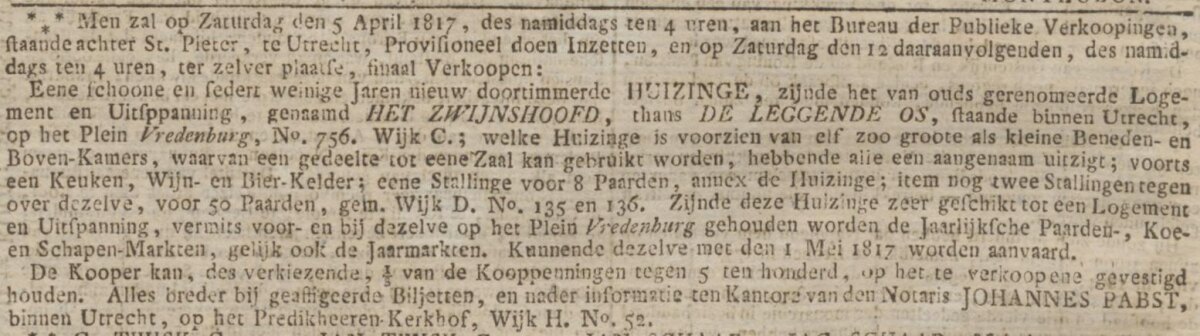 De verkoopadvertentie met uitgebreide beschrijving per 5 april 1817.