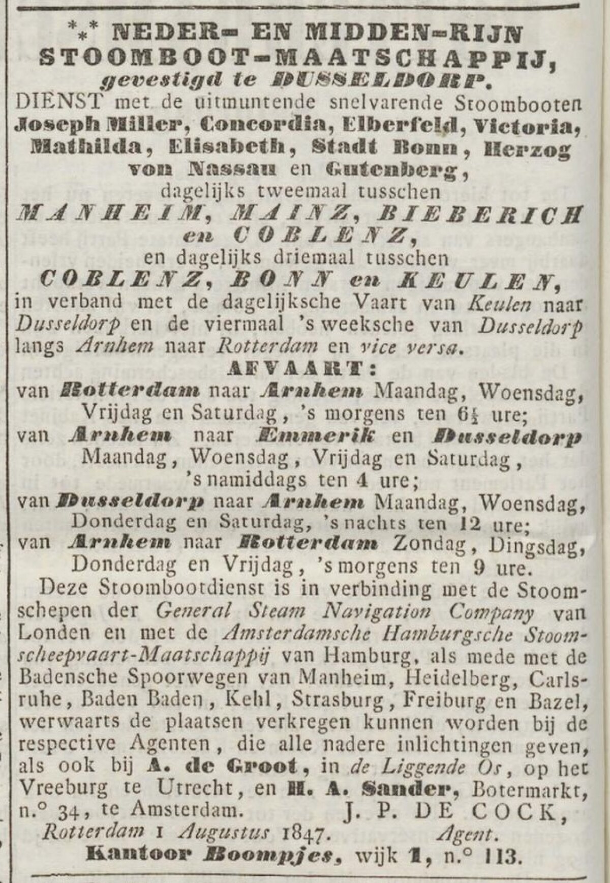 De advertentie van de Stoomboot-Maatschappij rond 1840.