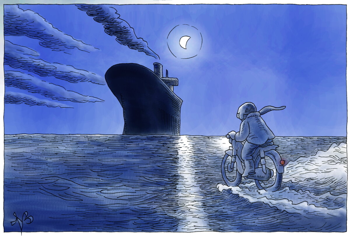 Brommer op Zee van J.M.A. Biesheuvel. Tekening: Bongers en Stolk