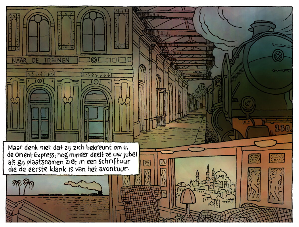 Het Maliebaanstation in het verhalende gedicht Awater van Martinus Nijhoff. Tekening: Bongers en Stolk