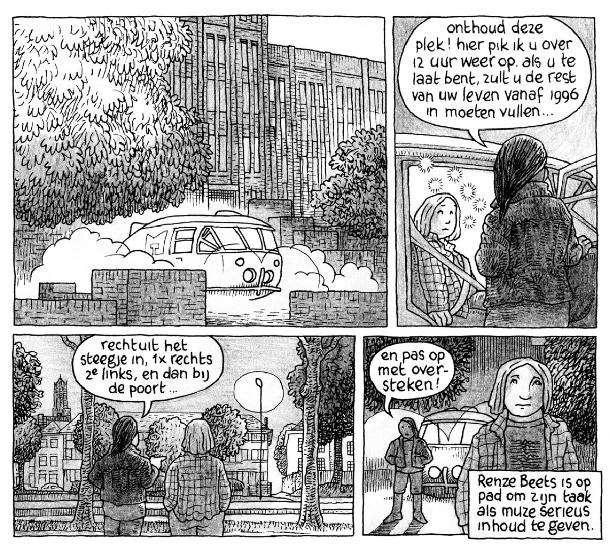 Tekening uit het 'autobiografische' Achteraf is 't mooi wonen. Tekening: Bongers en Stolk