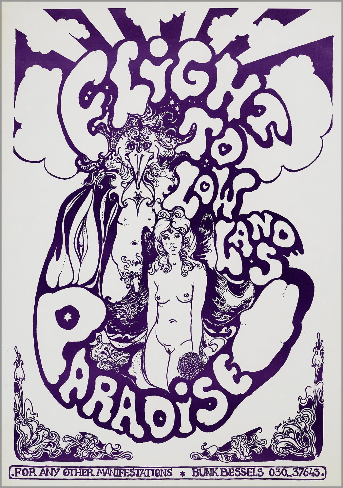 De poster van the Flight to Lowlands Paradise in 1967. Ontwerp: Jan de Haas