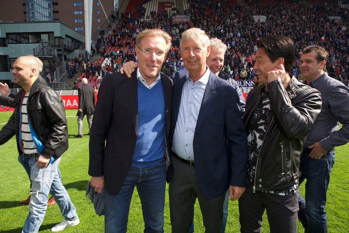 Hans van Breukelen en Joop Leliveld, ooit keepers van FC Utrecht. Rechts Michael Mols.