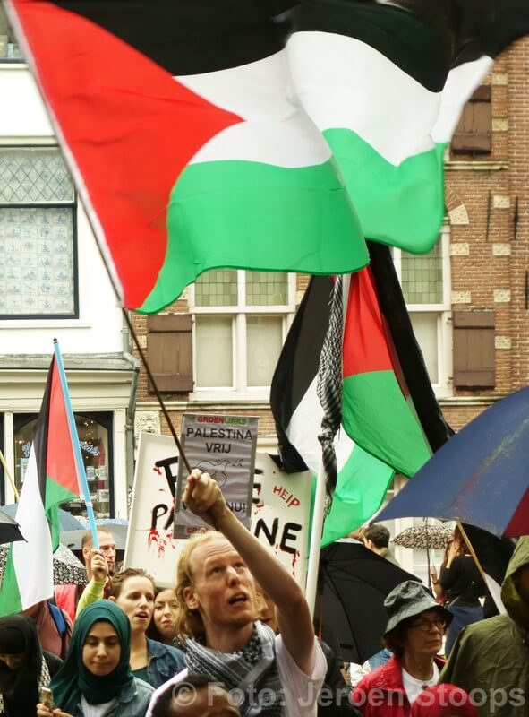 Veel vlaggen bij de Gazademonstratie.