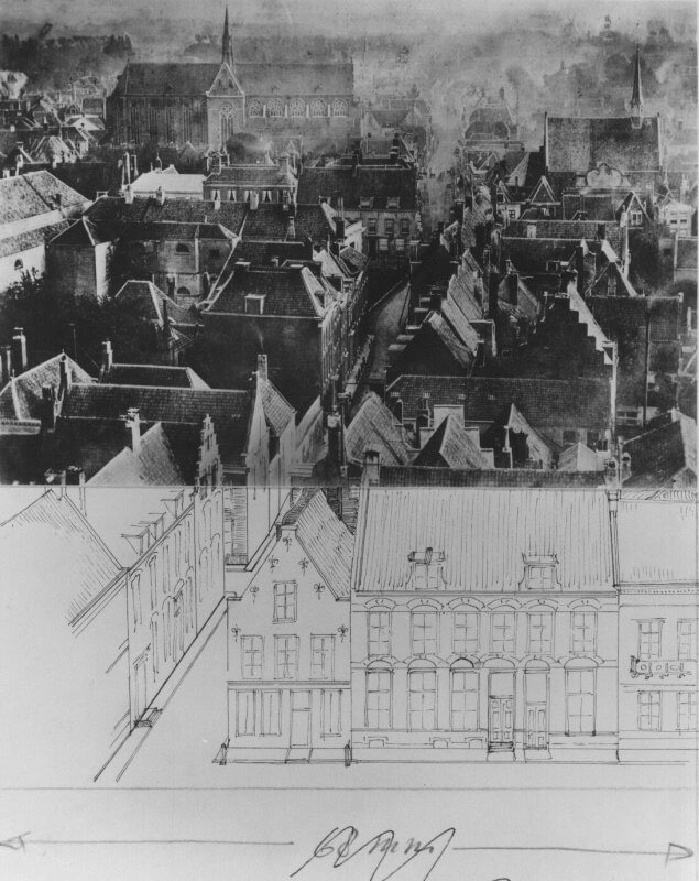 Een door bouwhistoricus Kipp in 1976 gemaakte reconstructietekening van de huizen Wed 5-9, de foto is uit ca 1870. Foto: HUA