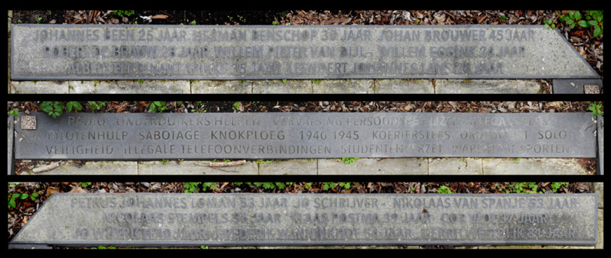 De drie delen van het granieten lint rond het monument.