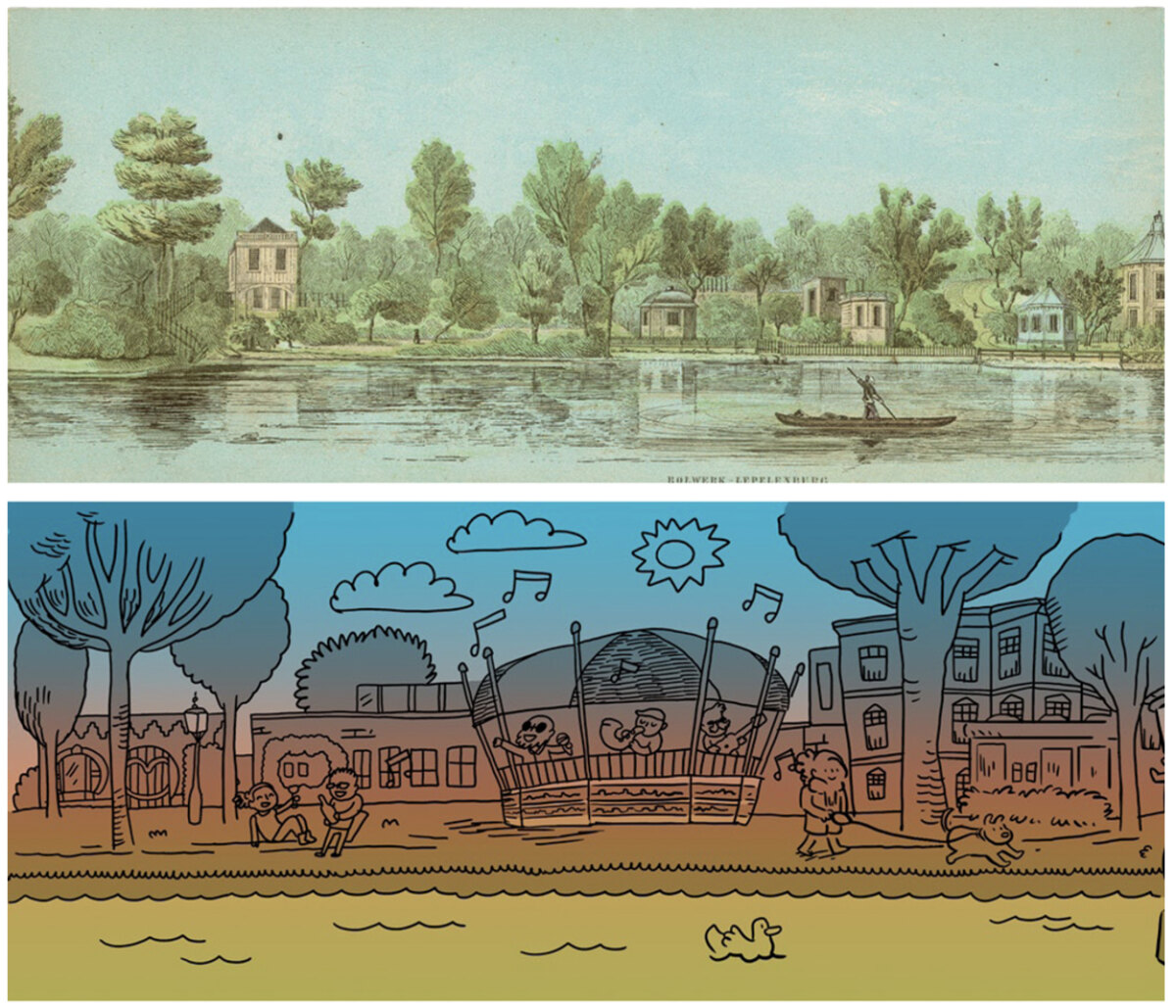 Park Lepelenburg, boven Jan Bos (1859) en onder Rob van Barneveld (2026)