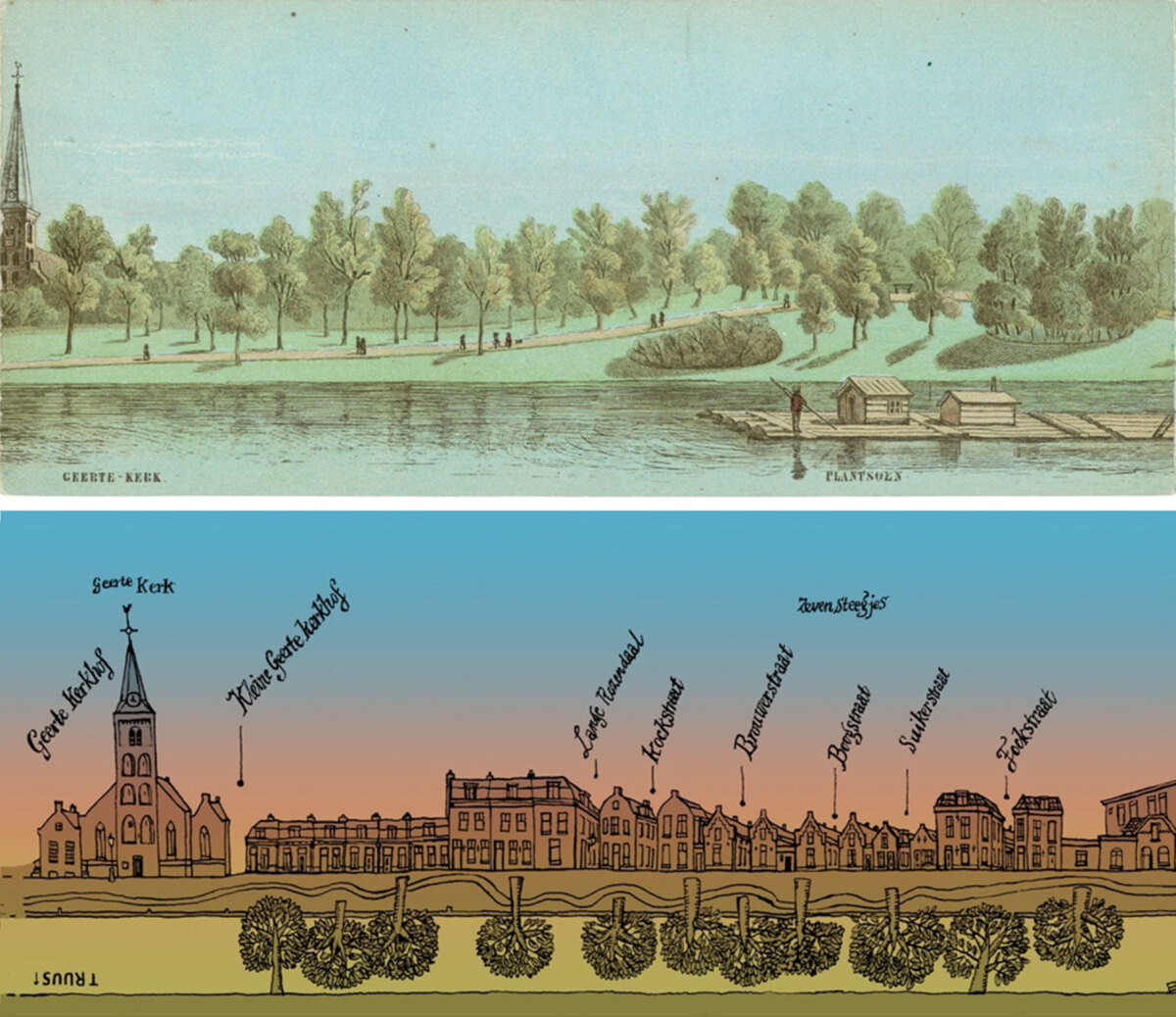 Zocherplantsoen bij Geertekerk. boven Jan Bos (1859) en onder Niels de Hoog (2026)