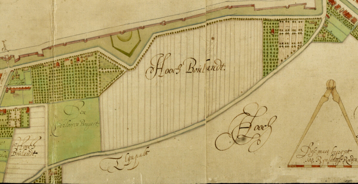 't Lijnpad in 1629 met links de Verloren Boomgaard. Detail van tekening uit H.J Verstralen (HUA)