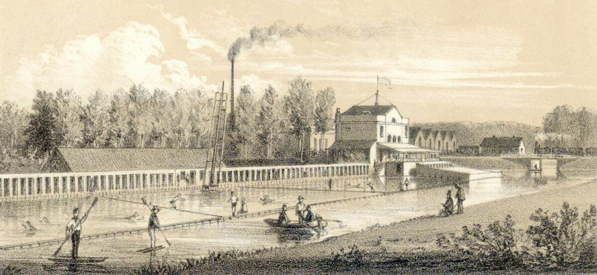 Zwem- en badinrichting Damlust in 1853. Tekening: HUA