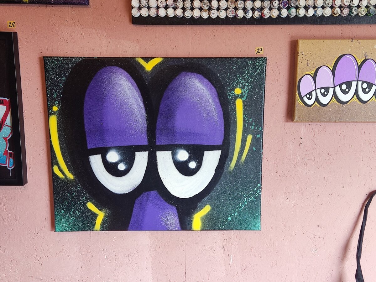 Brick's Eyes op canvas, te zien op de expositie.