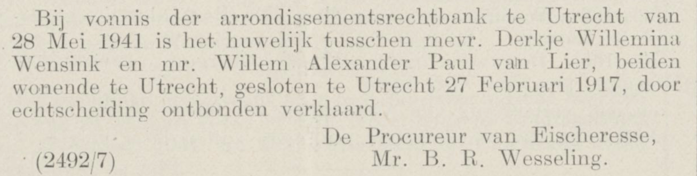 Publicatie in de Staatscourant, 1941.