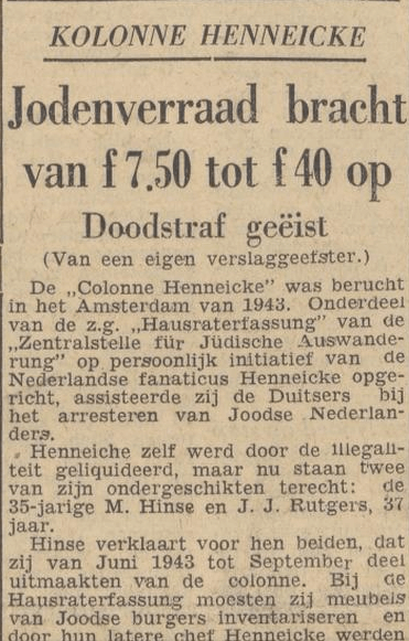 Het Parool, 24 september 1948 met het proces tegen Hinse.