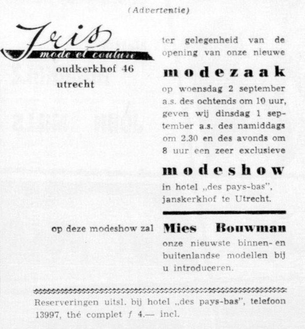 Advertentie in de Telegraaf, ter gelegenheid van de opening in 1959