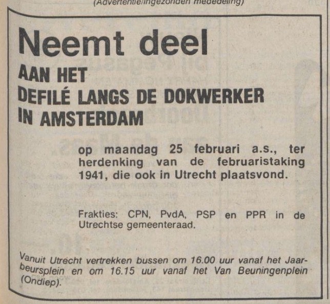 Een oproep van de linkse Utrechtse gemeenteraadsfracties in 1980 in de krant De Waarheid