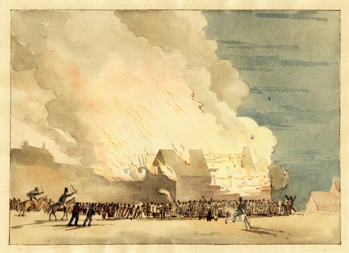Een tekening van J.H.L. Hanau met een impressie van de enorme brand in de schouwburg van Koppedrajer. HUA32462