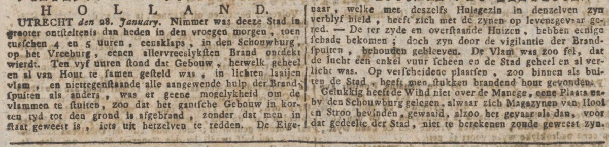 Berichtgeving over de brand in de Utrechtsche Courant van 19 januari 1808.