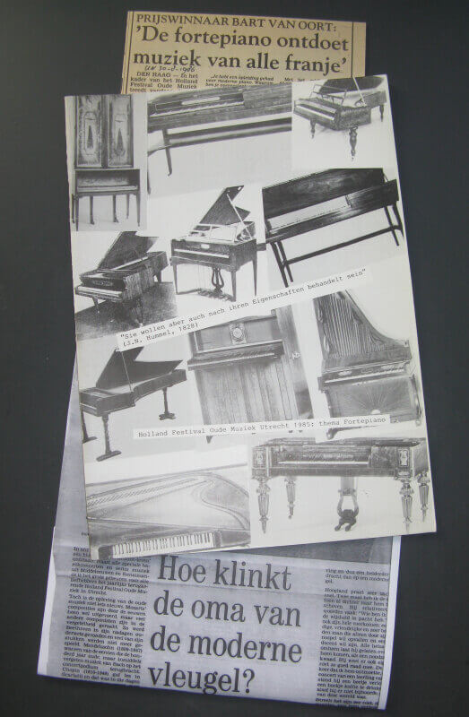 Voorblad van de themabrochure ‘Fortepiano’ van Holland Festival Oude Muziek Utrecht 1985 en twee artikelen