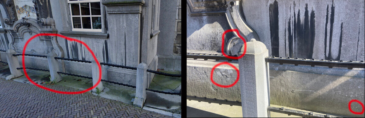 Links: de plek voor het gebouw Fundatie van Renswoude waar de meisjes stonden (bewerkte schermprint van Google Maps). Rechts: de details die in 2022 te zien zijn en die ook op de foto in juni 1942 te zien zijn (foto Jim Terlingen)
