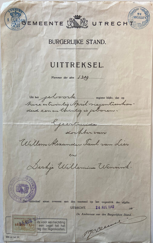 Kopie van de geboorteakte van Truus van Lier,  1942, HUA (klik erop voor een vergroting).