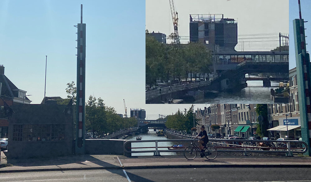 Zicht vanaf de Tolsteegbrug naar het westen. De watertoren verdwijnt achter een hotel-in-aanbouw. Foto en bewerking: Jim Terlingen