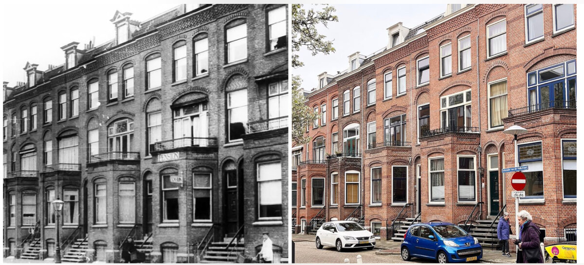 De Schroeder van der Kolkstraat, gefotografeerd rond 1924 en door Edwin Lucas een eeuw later, in 2024